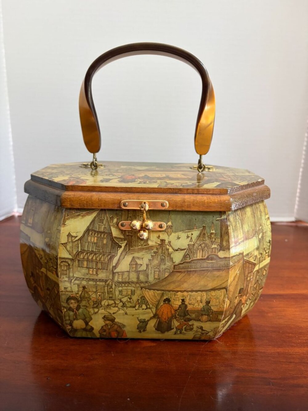Vintage Anton Pieck Wooden Decoupaged Handbag Featuring a Lucite Handle, 1970s